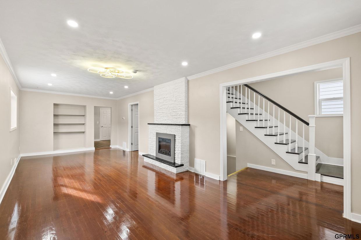 Living room with refinished hardwood